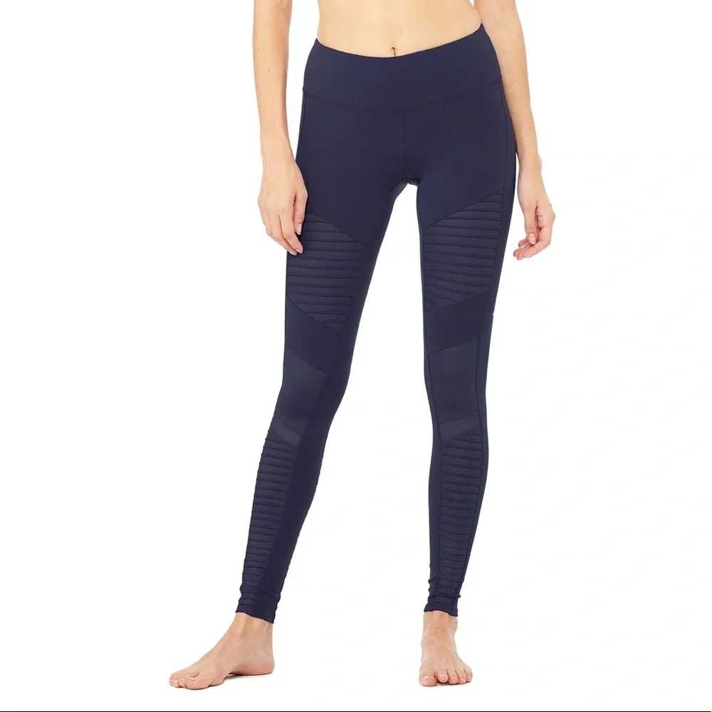 Alo Yoga Moto Leggings in Rich Navy/Rich Navy Glossy - Picture 2 of 6